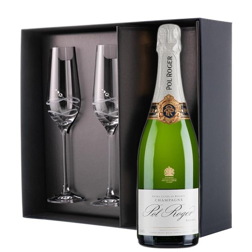 Pol Roger Brut Reserve Champagne 75cl And Flutes In Pine Wooden Gift Box